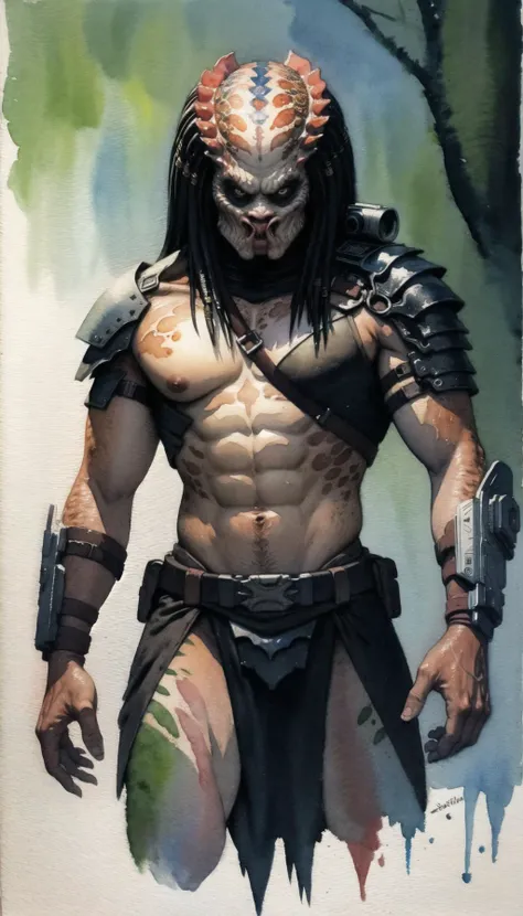 (cowboy shot), sfw, (masterpiece), (best quality:1.0), (ultra highres:1.0), highly face and eyes, (watercolor:1.5), brush strokes, vibrant colors
BREAK,
<lora:yautja-10, monster, fangs:0.8> yautja, monster, hanging from tree,
armored, high tech gear, shoulder cannon
BREAK
vines, jungle canopy, nighttime