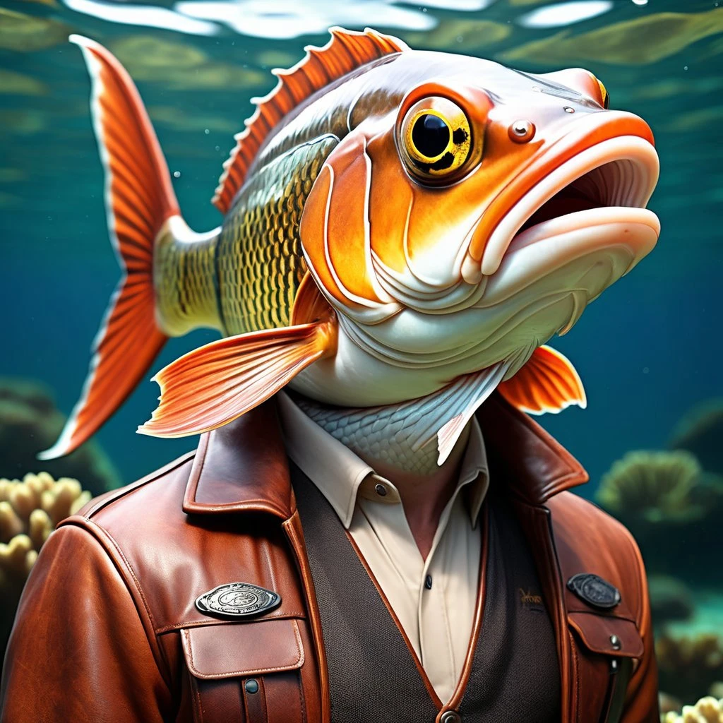 A realistic photograph of a handsome leather wearing fish
