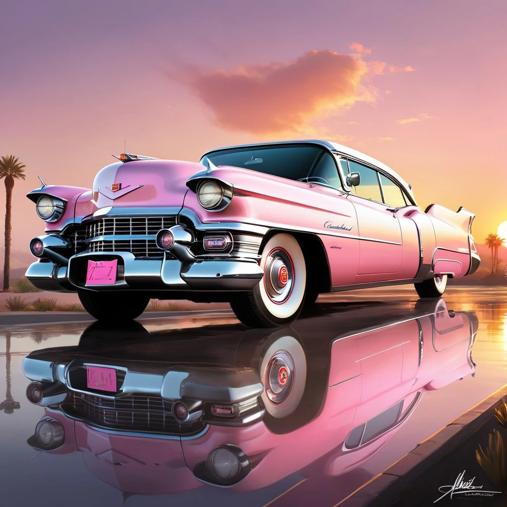 breathtaking Vintage pink Cadillac, gleaming under a soft sunset. Its chrome details reflecting the pastel hues of the surroundings. Majestic, iconic design, captured in its full glory. Essence of 50s nostalgia, luxury and American dream, by Aleksi Briclot, Artstation. . award-winning, professional, highly detailed