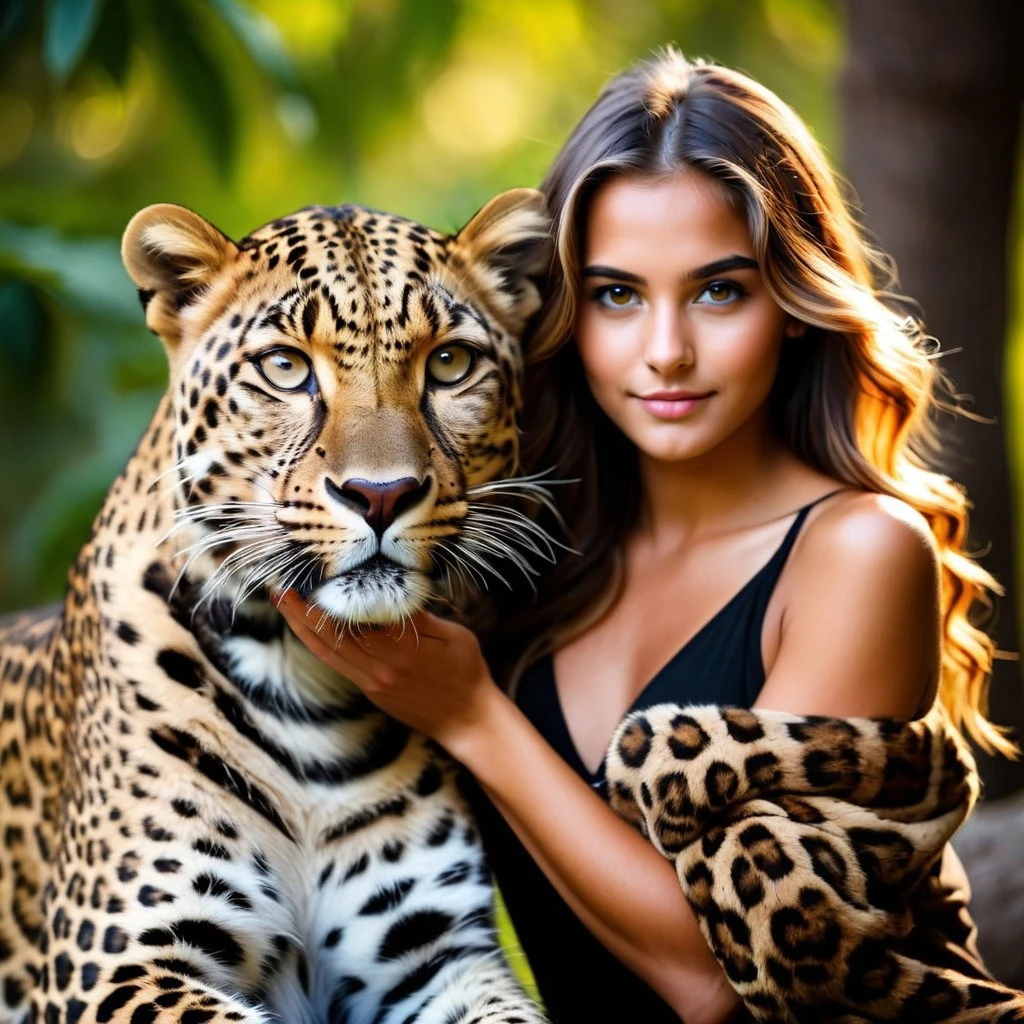 Raw photo of beautiful girl with leopard