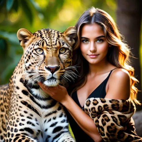 Raw photo of beautiful girl with leopard
