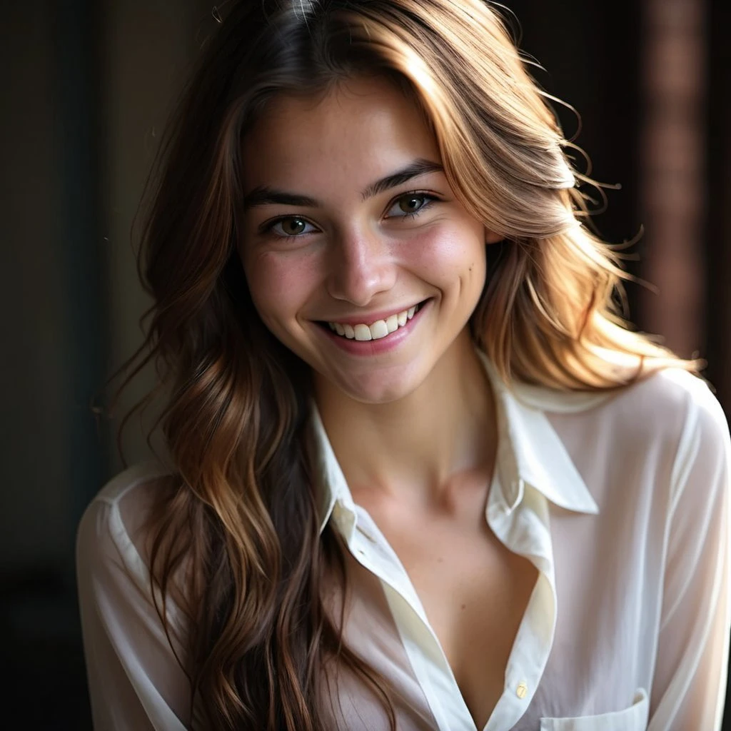 documentary artistic raw photo of girl, long hair, medium breast, collared blouse, light smile, detailed skin, pore, low key