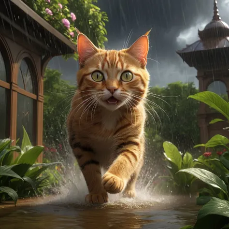 Thunderstorm and downpour in the garden. Frightened cute cat runs away from the rain, UHD, perfect composition, sf, intricate artwork masterpiece, ominous, matte painting movie poster, golden ratio, trending on cgsociety, intricate, epic, trending on artstation, by artgerm, h. r. giger and beksinski, highly detailed, vibrant, production cinematic character render, ultra high quality model