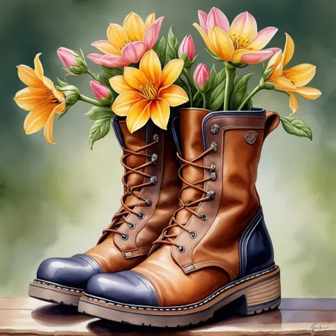 flowers in boots, illustration, super realistic style, Watercolor, trending on artstation, sharp focus, studio photo, intricate details, highly detailed, by greg rutkow