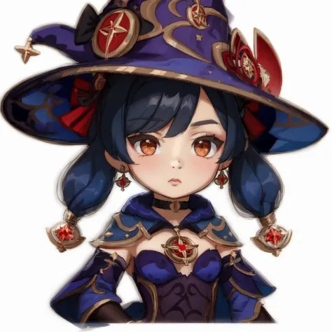 best quality, masterpiece, <lora:Monav3:0.7> Mona, chibi, witch hat, bodystocking, detached sleeves, choker, hair ribbon, earring, capelet, looking at viewer, upper body, <lora:Genshin(Style):0.3>genshin, <lora:GenshinStickers:1>