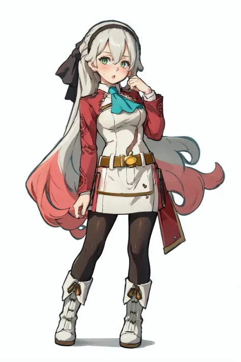 masterpiece, (detailed, highres, best quality), 1girl, <lora:elie-nvwls-v2-zero:1> elie macdowell, green eyes hairband, blue ascot, hair ribbon, long sleeves, belt, pantyhose, white boots, miserable, :o, blush, hand up, head tilt, looking at viewer, parted lips, solo, blue background, color guide, striped, two-tone background, white background, <lora:GenshinStickers:1> chibi