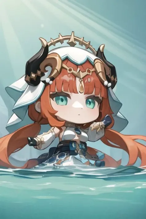 masterpiece, best quality, full body, under water, nilou (neither flower nor mist) (genshin impact), aqua eyes, chibi, nilou (genshin impact), fake horns, red hair, long hair, crop top, jewelry, horns, veil, bracer, brooch, long sleeves, puffy long sleeves, skirt, bangs, twintails, puffy sleeves, neck ring, gold trim, parted bangs, arm up, circlet, blue skirt, hair ornament, detached sleeves, low twintails, floating hair, gem, hair flower, blue gemstone, dancer, white headwear, medium breasts, midriff, very long hair,