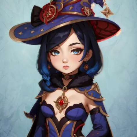 best quality, masterpiece, <lora:Monav3:0.7> Mona, chibi, witch hat, bodystocking, detached sleeves, choker, hair ribbon, earring, capelet, looking at viewer, upper body, <lora:Genshin(Style):0.3>genshin, <lora:GenshinStickers:1>
