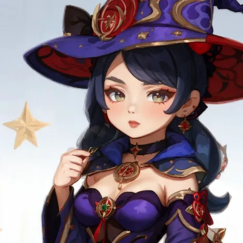 best quality, masterpiece, <lora:Monav3:0.7> Mona, chibi, witch hat, bodystocking, detached sleeves, choker, hair ribbon, earring, capelet, looking at viewer, upper body, <lora:Genshin(Style):0.3>genshin, <lora:GenshinStickers:1>