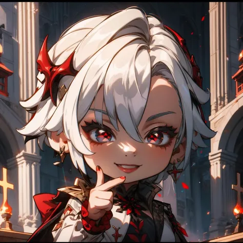 masterpiece, best quality, chibi, 1girl, solo, arlecchino, White hair, red Red case with crosses for pupil place, hair ornament, smiling <lora:GenshinStickers:1> <lora:arlecchino:1>