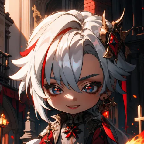 masterpiece, best quality, chibi, 1girl, solo, arlecchino, White hair, red Red case with crosses for pupil place, hair ornament, smiling <lora:GenshinStickers:1> <lora:arlecchino:1>