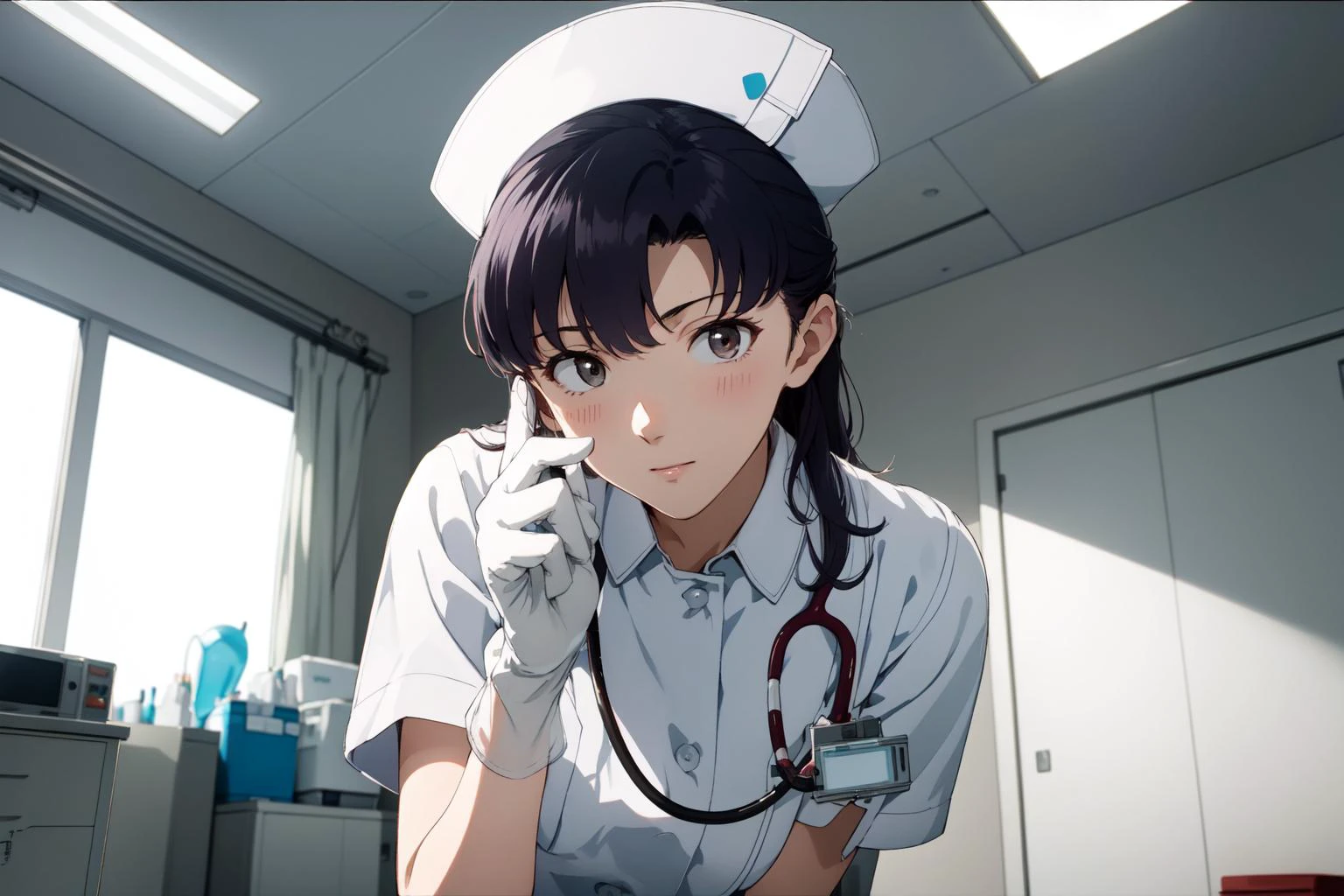 (RAW photo, best quality), wide angle photo, masterpiece, 1girl, natural lighting
hospital, operating room, surgical gloves,
(((White))) nurse uniform smooth, nurse, nurse hat, stethoscope <lora:NurseUniform0_1:0.8>,
katsuragi misato, <lora:eva_katsuragi_misato_v1_2:0.8>,