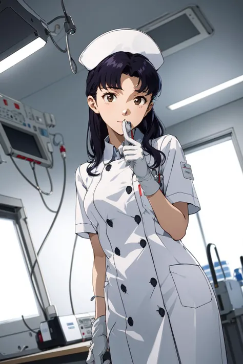 (RAW photo, best quality), wide angle photo, masterpiece, 1girl,  natural lighting
hospital, operating room, surgical gloves, 
(((White))) nurse uniform smooth, nurse, nurse hat, stethoscope  <lora:NurseUniform0_1:0.8>,
katsuragi misato,  <lora:eva_katsuragi_misato_v1_2:0.8>,