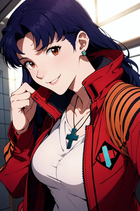 (RAW photo, best quality), 1girl,  natural lighting, solo,
katsuragi misato,  <lora:eva_katsuragi_misato_v1_2:0.8>,
red jacket, necklace, earrings, cross, smile,