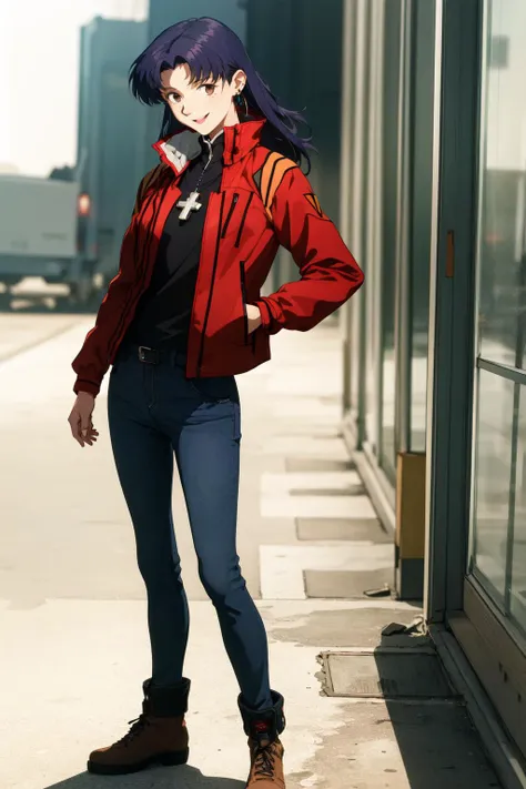 (RAW photo, best quality), 1girl,  natural lighting, solo,
katsuragi misato,  <lora:eva_katsuragi_misato_v1_2:1>,
red jacket, necklace, earrings, cross, smile, full body,