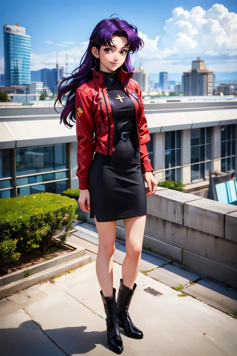 katsuragi misato, brown eyes, purple hair, cross necklace, red jacket, black dress, boots, looking at viewer, smiling, full body shot, standing, outside, building roof, cityscape, blue sky, high quality, masterpiece <lora:eva_katsuragi_misato_v1_2:.6>