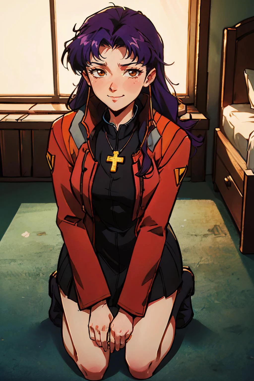katsuragi misato, brown eyes, purple hair, cross necklace, red jacket, black dress, boots, looking at viewer, serious, smiling, kneeling, on floor, from_above, inside bedroom, soft lighting, high quality, masterpiece <lora:eva_katsuragi_misato_v1_2:.8>