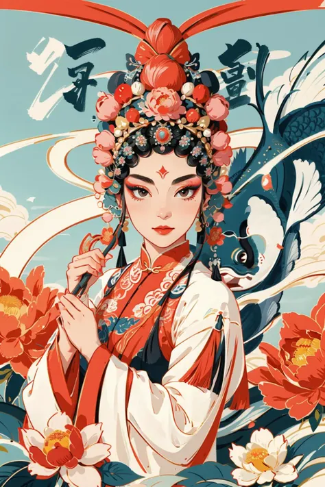 ((masterpiece)), best quality, perfect anatomy,8K wallpaper,
mChinaChic, 1girl, flower, solo, peony \(flower\), black hair, makeup, long sleeves, smoke, fish, Koi, looking at viewer, upper body, long hair, tassel, holding, red flower,  peking opera, Chinese opera coronal, red ribbon banner, Chinese opera costume,flag, text on ribbon
<lora:mChinaChic_v1:0.8>