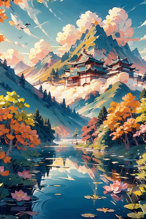 ((masterpiece)), best quality, perfect anatomy,8K wallpaper,
mChinaChic, no humans, mountain, scenery, cloud, outdoors, building, lake, sky, smoke, east asian architecture, flying, water, day, tree, blue sky, crane \(animal\), pink flower, nature, architecture on mountain, orange flower, red flower, lotus
<lora:mChinaChic_v1:0.7>