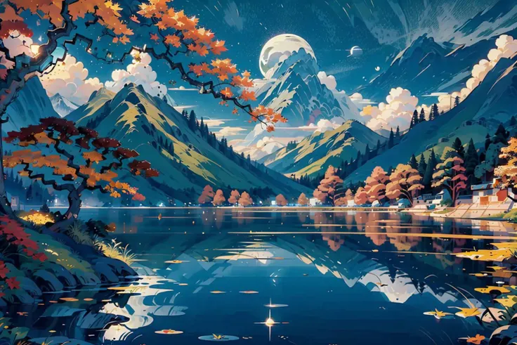 ((masterpiece)), best quality, perfect anatomy,8K wallpaper,
mChinaChic, no humans, mountain, scenery, cloud, moon, outdoors, lake, sky, water, reflection, autumn tree, leaf, branch,night sky,
<lora:mChinaChic_v1:0.8>