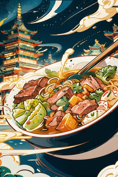 ((masterpiece)), best quality, perfect anatomy,8K wallpaper,
mChinaChic, no humans, architecture, food focus, food, east asian architecture, noodles, leaf, green vegetables, cloud, bowl, steam, picking up noodles with chopsticks, smoke, meat, Roujiamo, vegetable, building, soup, wide noodles, spring onion, night sky, starry sky, chinese text on bowl
<lora:mChinaChic_v1:0.8>