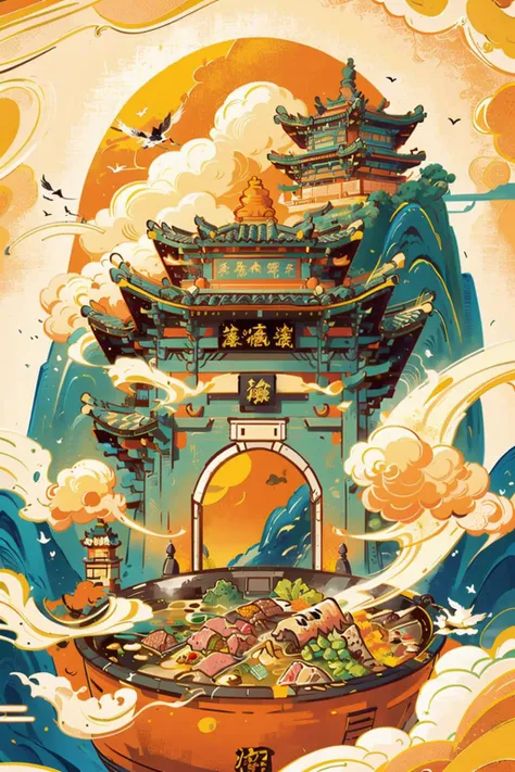 ((masterpiece)), best quality, perfect anatomy,8K wallpaper,
mChinaChic, no humans, food, food focus,meat, hot pot, mountain, bird, gate tower, architecture, building, sun, smoke, east asian architecture, door, orange cloud, line background, orange sky, Chinese text on bulding,
<lora:mChinaChic_v1:0.8>