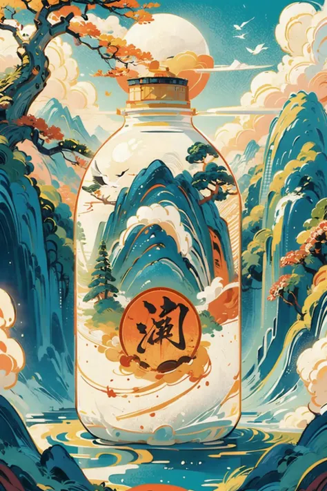 ((masterpiece)), best quality, perfect anatomy,8K wallpaper,
mChinaChic, crane \(animal\), sun, no humans, east asian architecture on moutain, mountain, cloud, waves, tree, water, sky, fall, smoke, building, chinese liquor, wine bottle, bottle focus, chinese text on bottle
<lora:mChinaChic_v1:0.8>