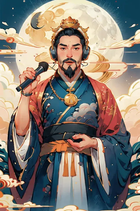 ((masterpiece)), best quality, perfect anatomy,8K wallpaper,
mChinaChic, 1boy, facial hair, solo, chinese crown, black hair, male focus, mustache,open mouth, chinese clothes, gold pendant, looking at viewer, beard, moon, full moon, black smoke, blush, hanfu, chinese text mark, wide sleeves, headphones,
holding a microphone,
<lora:mChinaChic_v1:0.8>