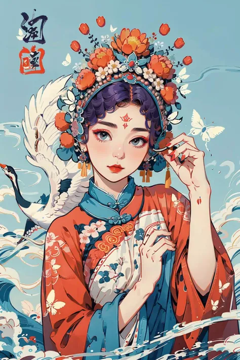 ((masterpiece)), best quality, perfect anatomy,8K wallpaper,
mChinaChic, 1girl, solo, waves, flower, short hair, smoke, upper body, crane \(animal\), red chinese clothes, red eyeshadow, Chinese opera coronal, looking at viewer, wide sleeves, arm up, printing, butterfly, forehead mark, purple hair, gray background,chinese text on background
<lora:mChinaChic_v1:0.9>