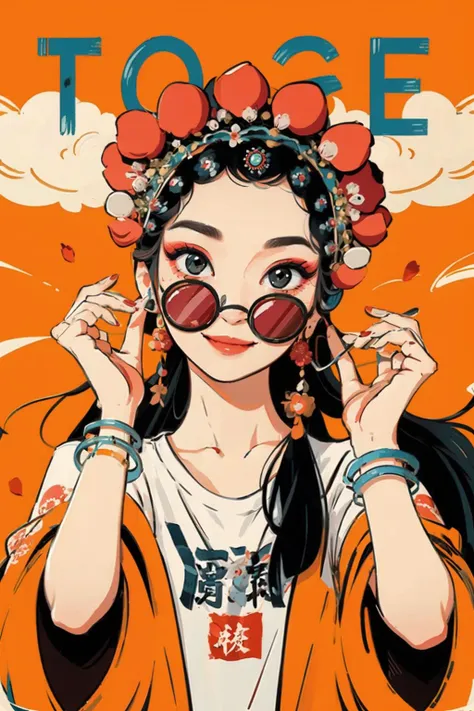 ((masterpiece)), best quality, perfect anatomy,8K wallpaper,
mChinaChic, 1girl, solo, jewelry, black hair, long hair, chibi, Chinese opera coronal, upper body, white shirt, looking at viewer, red nails, smile, red eyeshadow, round eyewear, red flower, wide sleeves, chinese text print shirt, orange background, cloud, red petals, bangle, english text
<lora:mChinaChic_v1:0.8>