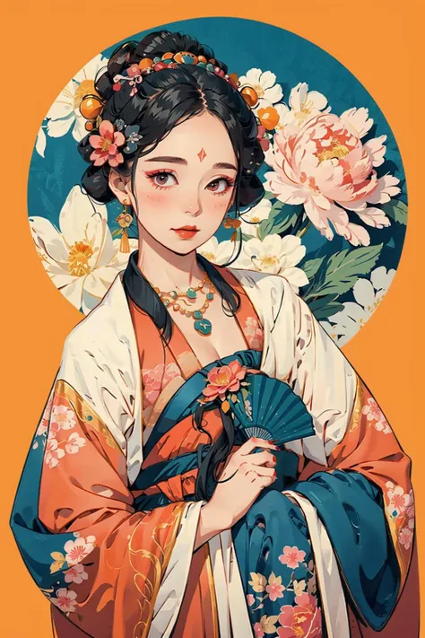 ((masterpiece)), best quality, perfect anatomy,8K wallpaper,
mChinaChic, 1girl, solo, black hair, holding hand fan, flower, beads necklace, red lips, makeup, chinese clothes, earrings, looking at viewer, red nails, hair flower, long sleeves, blush, forehead mark, pink hanfu,  shawl, wide sleeves, round hanging picture, nail polish, updo, closed mouth, floral print, peony \(flower\), orange background, hand on forehead
<lora:mChinaChic_v1:0.8>