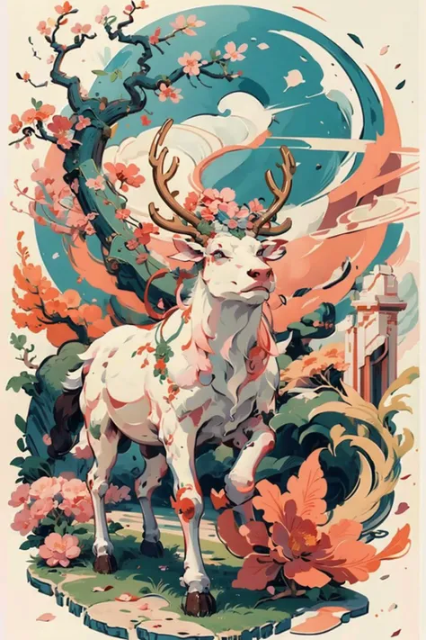 ((masterpiece)), best quality, perfect anatomy,8K wallpaper,
mChinaChic, no humans, closed mouth, solo, sacred deer,  huge antlers, full body, slender, lift up front hooves, pink flower, white and pink fur, leaf, animal focus, branch, tree, broken jade bracelet, smoke, petal
<lora:mChinaChic_v1:0.8>