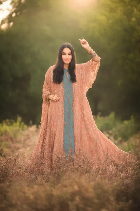 center of view for Full Body Shot Of { Smiling Arabic  hejab  tattoos hand face female 25 yo. with blue eyes,clothes color yellow,pink, blue,red  ((green trees )),(( Arabic tattoos on their ((face and her cheeks)))), Wearing  ((Shirtdress )) (Fashion Shoot Style), (((front to camera))), Dynamic Posing, detailed Arabic  face, ((aspiring facial expression)), Light Brown hair, ultra-detailed photograph, cinematic lighting, a rtstation, 4k, sharp focus, high resolution, detailed skin, detailed eyes, volumetric light,by dishdasha   style, American shot