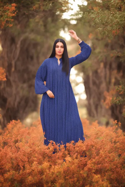 center of view for Full Body Shot Of { Smiling Arabic hejab tattoos hand face female 25 yo. with blue eyes,clothes color yellow,pink, blue,red ((green trees )),(( Arabic tattoos on their ((face and her cheeks)))), Wearing ((Shirtdress )) (Fashion Shoot Style), (((front to camera))), Dynamic Posing, detailed Arabic face, ((aspiring facial expression)), Light Brown hair, ultra-detailed photograph, cinematic lighting, a rtstation, 4k, sharp focus, high resolution, detailed skin, detailed eyes, volumetric light,by dishdasha style, American shot