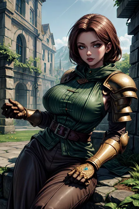 (masterpiece, 8k, 4k, extremely detailed, best quality, absurdres:1.4) nice hands, perfect hands, 1girl, mature, milf, (huge tits:1.3),<lora:more_details:1> <lora:FinalFantasy_Meliadoul:lbw=inall:0.8> MeliadoulFFT, brown hair, brown eyes, hood, armor, green headband, green cloak, pants, belt, shoulder armor, gauntlets, leather gloves, boots, <lora:FFIX:lbw=outall:1> FFIXBG, water, (no humans), spring \(season\), nature, flowers, sharp focus, shadow, (deep depth of field), volumetric lighting, sunlight, day, extremely detailed background, fantastic, ancient ruins, mysterious