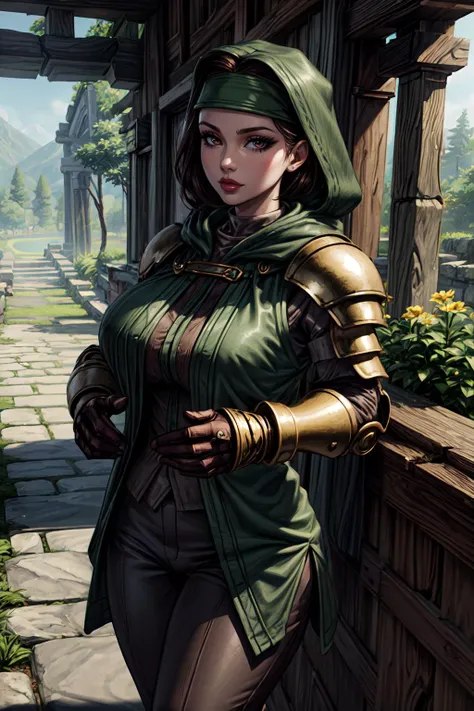 (masterpiece, 8k, 4k, extremely detailed, best quality, absurdres:1.4) nice hands, perfect hands, 1girl, mature, milf, (huge tits:1.3),<lora:more_details:1> <lora:FinalFantasy_Meliadoul:lbw=inall:0.8> MeliadoulFFT, brown hair, brown eyes, hood, armor, green headband, green cloak, pants, belt, shoulder armor, gauntlets, leather gloves, boots, <lora:FFIX:lbw=outall:1> FFIXBG, water, (no humans), spring \(season\), nature, flowers, sharp focus, shadow, (deep depth of field), volumetric lighting, sunlight, day, extremely detailed background, fantastic, ancient ruins, mysterious