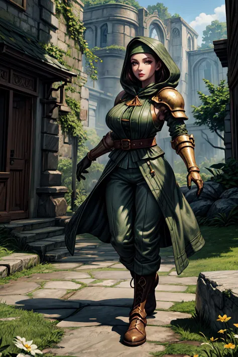 (masterpiece, 8k, 4k, extremely detailed, best quality, absurdres:1.4) nice hands, perfect hands, 1girl, mature, milf, (huge tits:1.3),<lora:more_details:1> <lora:FinalFantasy_Meliadoul:lbw=inall:0.8> MeliadoulFFT, brown hair, brown eyes, hood, armor, green headband, green cloak, pants, belt, shoulder armor, gauntlets, leather gloves, boots, <lora:FFIX:lbw=outall:1> FFIXBG, water, (no humans), spring \(season\), nature, flowers, sharp focus, shadow, (deep depth of field), volumetric lighting, sunlight, day, extremely detailed background, fantastic, ancient ruins, mysterious