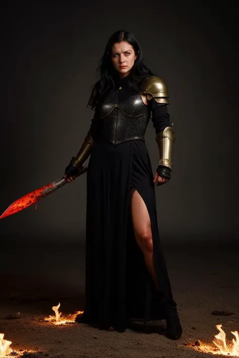 full body armored, combat pose, burning medieval battlefield, intense expression, blood on armor <lora:FinalFantasy_Meliadoul:0.7> meliadoulfft, black hair, blue eyes