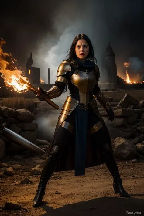 full body armored, combat pose, burning medieval battlefield, intense expression, blood on armor <lora:FinalFantasy_Meliadoul:0.7> meliadoulfft, black hair, blue eyes