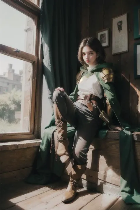 1 girl, girl: white hair, wolfcut haircut, long hair, cute 18 y.o., pussy,
<lora:FinalFantasy_Meliadoul:0.75> MeliadoulFFT, brown hair, brown eyes, hood, armor, green cloak, pants, belt, shoulder armor, gauntlets, boots, <lora:InstantPhotoX3:0.3> body bridge,