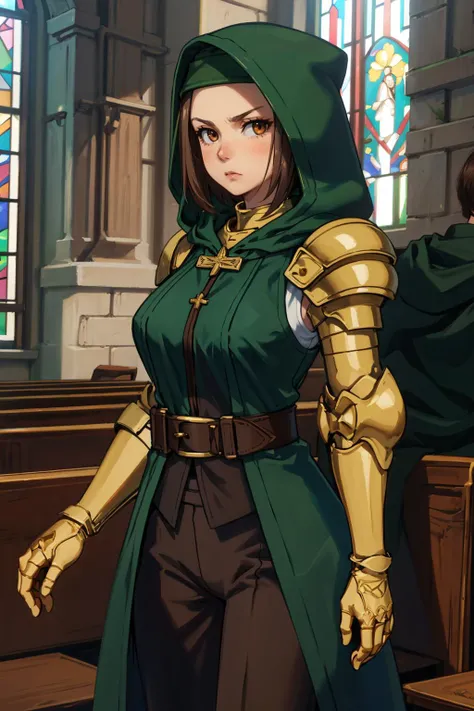 masterpiece, best quality,  <lora:FinalFantasy_Meliadoul:0.9> MeliadoulFFT, brown hair, brown eyes, hood, armor, green cloak, pants, belt, shoulder armor, gauntlets, cowboy shot, looking at viewer, furrowed brow, cathedral, pews, stained glass, large breasts