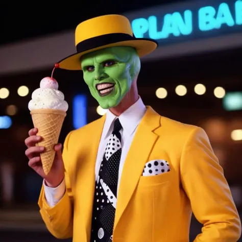 TheMask1024,a man wears a yellow suit and hold a huge ice cream,detailed eyes,highly detailed,photography,ultra sharp,film,bokeh,professional,4k,<lora:TheMask1024:0.8>,<lora:add-detail-xl:2>,