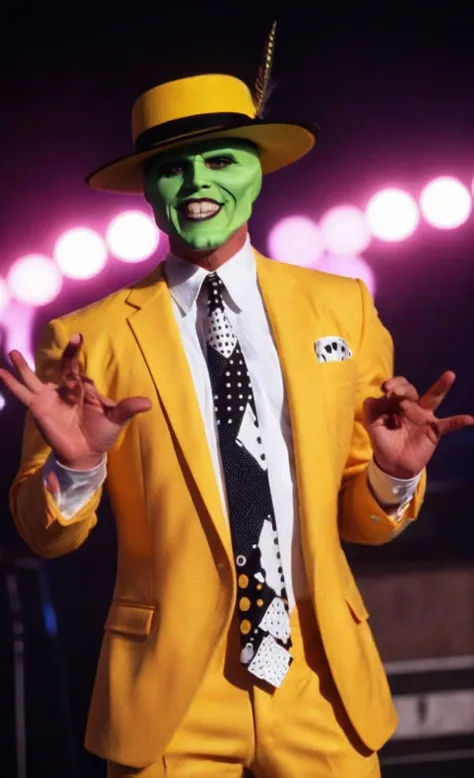 TheMask1024,a man wears a yellow suit,singing on stage,detailed eyes,highly detailed,photography,ultra sharp,film,bokeh,professional,4k,<lora:TheMask1024:0.8>,<lora:add-detail-xl:2>,