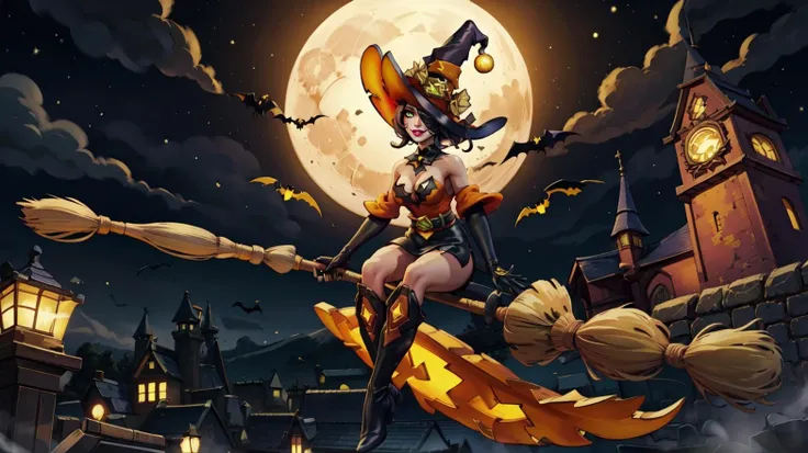 <lora:EvieBewitchPaladins:0.8>, EvieWitch, 1girl, solo, looking at viewer, short hair, skirt, gloves, hat, dress, cleavage, bare shoulders, medium breasts, full body, one pumpkin,
boots, black gloves, elbow gloves, miniskirt, black footwear, clothing cutout, makeup, witch hat, cleavage cutout, knee boots, witch, side slit, green jewel, metal belt, gold belt, gem encrusted belt buckle, green gem, detached collar,
smile,hair over one eye, grin, lips, lipstick, one eye covered, green eyes,
((riding broom:1.5, Riding witch broom, witch broom, flying in sky, moon, night sky, sidesaddle, broom riding,broom, staff:1.2)),
(Halloween Town, Halloween London, town below),
(insanely detailed, beautiful detailed face, masterpiece, best quality),