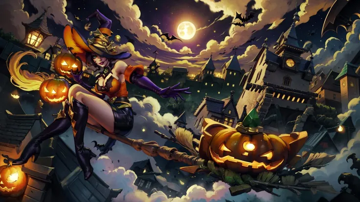 <lora:EvieBewitchPaladins:0.8>, EvieWitch, 1girl, solo, looking at viewer, short hair, skirt, gloves, hat, dress, cleavage, bare shoulders, medium breasts, full body, one pumpkin,
boots, black gloves, elbow gloves, miniskirt, black footwear, clothing cutout, makeup, witch hat, cleavage cutout, knee boots, witch, side slit, green jewel, metal belt, gold belt, gem encrusted belt buckle, green gem, detached collar,
smile,hair over one eye, grin, lips, lipstick, one eye covered, green eyes,
((riding broom:1.5, Riding witch broom, witch broom, flying in sky, moon, night sky, sidesaddle, broom riding,broom, staff:1.2)),
(Halloween Town, Halloween London, town below),
(insanely detailed, beautiful detailed face, masterpiece, best quality),