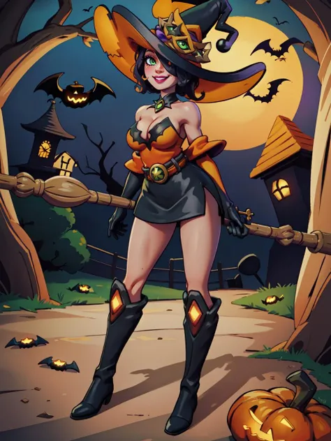 <lora:EvieBewitchPaladins:0.8>, EvieWitch, 1girl, solo, looking at viewer, short hair, skirt, gloves, hat, dress, cleavage, bare shoulders, medium breasts, full body,
boots, black gloves, elbow gloves, miniskirt, black footwear, clothing cutout, makeup, witch hat, cleavage cutout, knee boots, witch, side slit, green jewel, metal belt, gold belt, gem encrusted belt buckle, green gem,
smile,hair over one eye, grin, lips, lipstick, one eye covered, green eyes,
(Halloween Town, Halloween party, Halloween London),
(insanely detailed, beautiful detailed face, masterpiece, best quality),