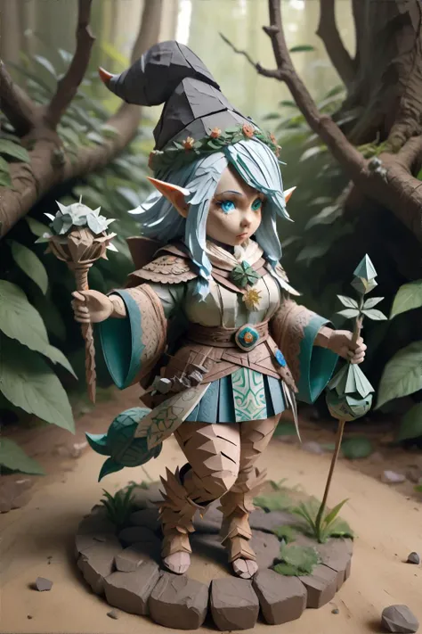 <lora:creasedpaperskin:0.8>, papercraft, gnome woman, wearing Mystic druid-inspired robes with nature-inspired motifs, fantasy background || <lora:creasedpaperskin:0.2>, papercraft, masterpiece, 8k, high resolution, shallow depth of field, sharp focus