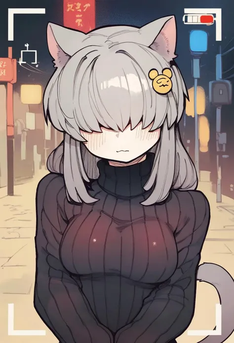 score_9, score_8_up, score_7_up,score_6_up,score_5_up,score_4_up,  light grey hair, blush, breasts, hair ornament, cat ears, cat tail, breasts, long grey hair, long sleeves, looking at viewer, hair covering eyes, ribbed sweater, street background, sweater, turtleneck, turtleneck sweater, black sweater, bottomless, taking photo, Camera in hands
 <lora:karasu_chan_style_pony6_v1:.95>