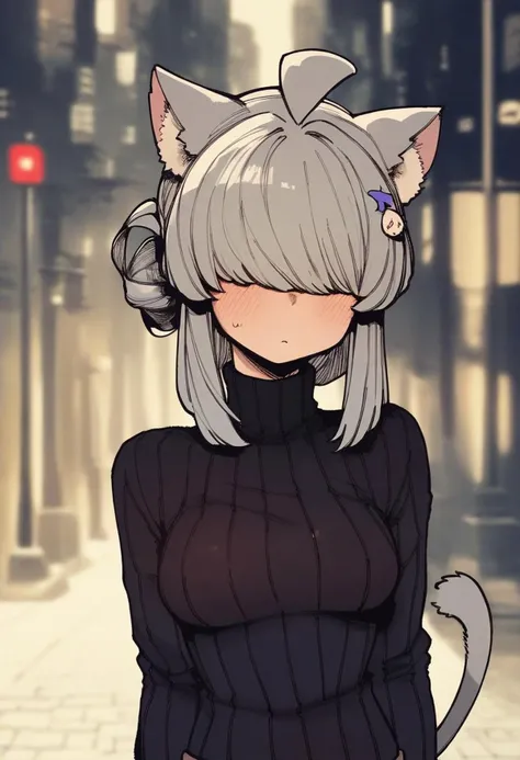 score_9, score_8_up, score_7_up,score_6_up,score_5_up,score_4_up,  light grey hair, blush, breasts, hair ornament, cat ears, cat tail, breasts, long grey hair, long sleeves, looking at viewer, hair covering eyes, ribbed sweater, street background, sweater, turtleneck, turtleneck sweater, black sweater, bottomless
 <lora:karasu_chan_style_pony6_v1:.95>