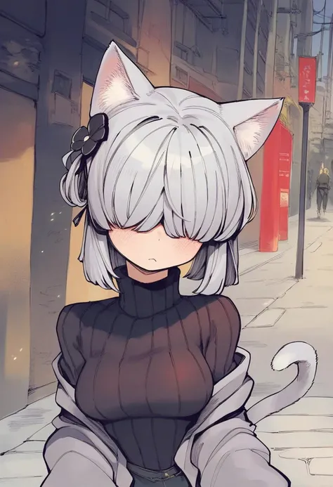 score_9, score_8_up, score_7_up,score_6_up,score_5_up,score_4_up,  light grey hair, blush, breasts, hair ornament, cat ears, cat tail, breasts, long grey hair, long sleeves, looking at viewer, hair covering eyes, ribbed sweater, street background, sweater, turtleneck, turtleneck sweater, black sweater, bottomless
 <lora:karasu_chan_style_pony6_v1:.95>